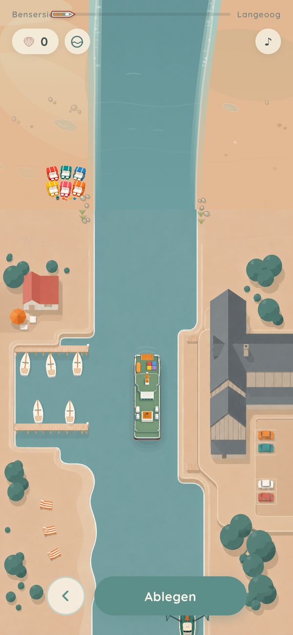 Blick von oben auf den Hafen Bensersiel: die F&auml;hre wartet im Fahrwasser, links der Yachthafen mit Segelbooten und Strandk&ouml;rben, rechts das F&auml;hrterminal. Unten der Knopf Ablegen.